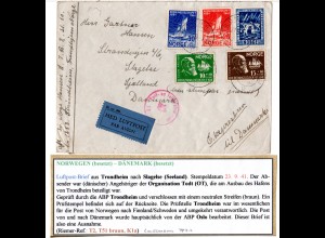 Norwegen 1941, 5 Marken auf Express Brief m. Trondheim u. Dänemark Zensuren
