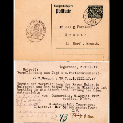 Bayern 1917, 7 1/2 Pf. Dienst Ganzsache v. Tegernsee bzgl. Jagd- u. Forstdienst