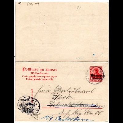 DP Marokko 1906, 10 C/10 Pf Doppelkarte gebr. v. Tanger n. Detmold u. Paderborn
