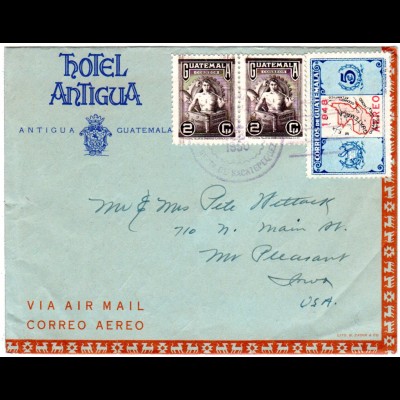 Guatemala 1950, 3 Marken auf Hotel Antigua Luftpost Faltbrief n. USA.