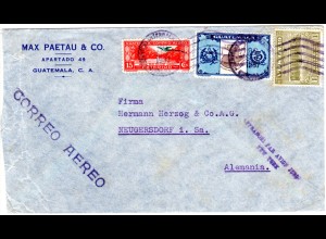 Guatemala 1937, 3 Marken auf Brief m. Luftpost-Leitstempel n. Deutschland