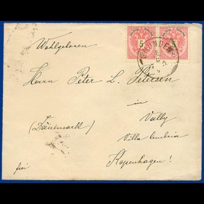 Österreich 1890, Brief m. Paar 5 Kr. v. GMUNDEN n. Dänemark. Destination! #S446