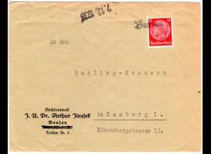Böhmen u. Mähren 1939, Notentwertung L1 BENSEN u. Datum auf Brief m. 12 Pf.