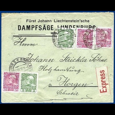 Österreich 1910, Expressbrief v. Lundenburg i.d. Schweiz. #S227