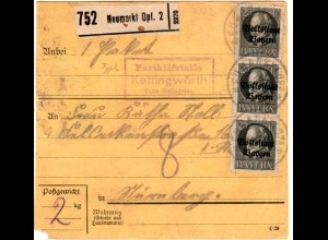 Bayern 1919, Posthilfstelle KETTINGWÖRTH Taxe Beilngries auf Paketkte m. 3x25 Pf