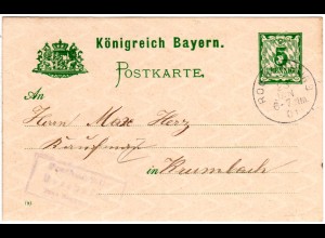 Bayern 1901, Posthilfstelle MESSHOFEN Taxe Roggenburg auf 5 Pf. Ganzsache