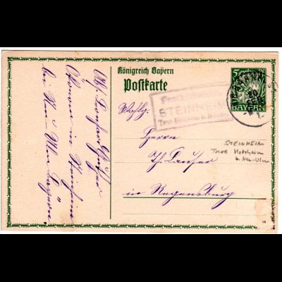 Bayern 1915, Posthilfstelle STEINHEIM Taxe Holzheim auf 5 Pf. Ganzsache 