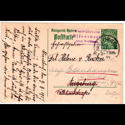 Bayern 1917, Posthilfstelle BLIENSBACH Taxe Wertingen auf 5 Pf. Ganzsache 