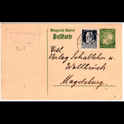 Bayern 1918, Posthilfstelle AMBACH Taxe Ehekirchen auf Ganzsache m. Zusatzfr.