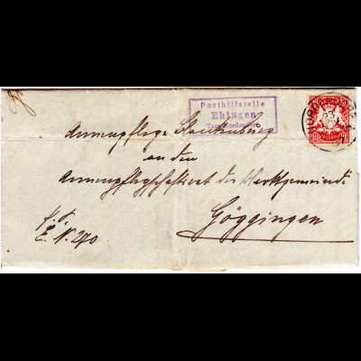 Bayern 1907, Posthilfstelle EHINGEN Taxe Nordendorf auf Brief m. 10 Pf.
