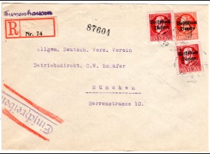 Bayern 1919, 15+2x10 Pf. auf Brief m. provisorischem Reko-Zettel v. TUSSENHAUSEN