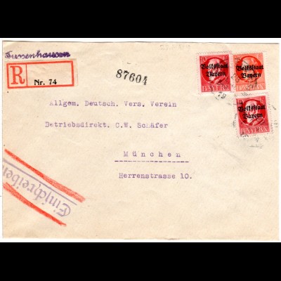 Bayern 1919, 15+2x10 Pf. auf Brief m. provisorischem Reko-Zettel v. TUSSENHAUSEN