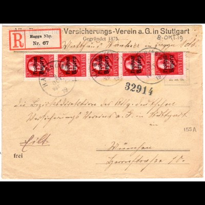 Bayern 1919, MeF 5x10 Pf. Freistaat auf Einschreiben Brief v. HAGGN (Nby).
