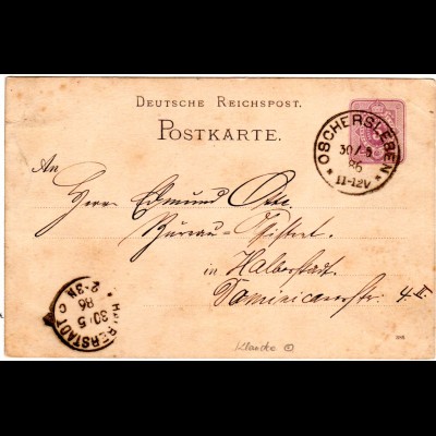 DR 1886, Klaucke Nr.119 OSCHERSLEBEN klar auf 5 Pf. Ganzsache n. Halberstadt