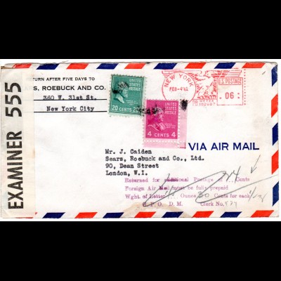 USA 1941, 6 C. Freistpl. und dann 4+20 C. auf zuwenig frankiertem Luftpostbrief 