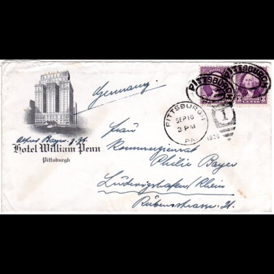 USA 1936, Paar 3 C. auf William Penn Hotel Brief v. Pittsburg n. Ludwigshafen