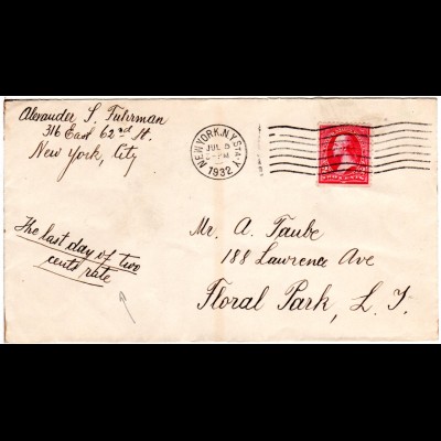 USA Jul-5-1932, last day of 2 C- rate cover from NY