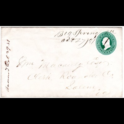 USA 1870, 3 C. Ganzsache Brief m. hds. Entwertung Mouse Creek 7 May 70
