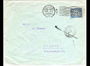 NL 1922, 20 C. auf Brief v. Rotterdam n. Lübeck m. USA Missent to ...NEW YORK