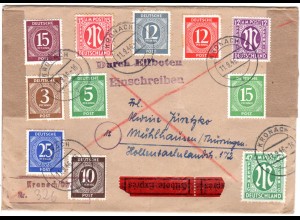 1946, 11 Marken auf Einschreiben-Eilboten Brief v. Kronach n. Thüringen