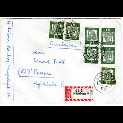 BRD 1963, MeF 7x10 Pf. inkl. Kehrdrucken aus Heftchen auf Reko Brief v. Nürnberg