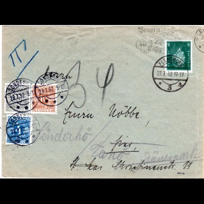 DR 1932, 8 Pf. auf Brief v. Flensburg n. Sönderhö m. 3 Dänemark Portomarken