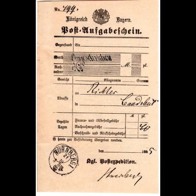 Bayern, Eingeschrieben No., Nürnberg Schreibschrift Versuchsstpl. auf Postschein