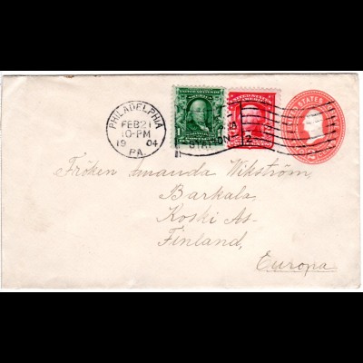 USA 1904, 1+2 C. Zusatzfr. auf 2 C. Ganzsache Brief v. Philadelphia n. Finnland