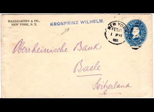 USA 1903, 5 C Ganzsache Brief v. NY i.d. Schweiz m. KRONPRINZ WILHELM Schiffs-L1