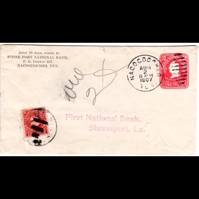 USA 1907,21 C. Ganzsache Brief v. NACOGDOCHES Texas m. 2 C. Portomarke