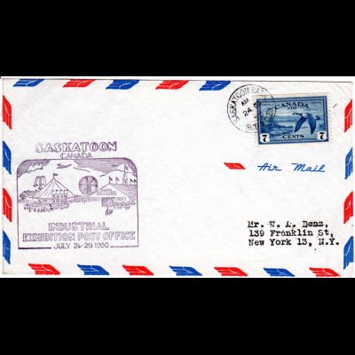 Kanada 1950, SASKATOON INDUSTRIAL EXHIBITION PO, Air Mail cover with 7 C. to USA