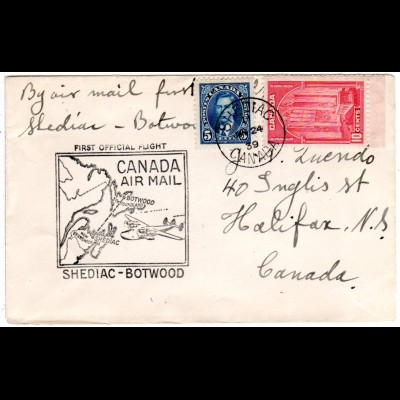 Canada 1939, SHEDIAC-BOTWOOD 1st.-Flight cover with 5+10 C.