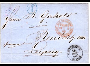 Russland 1867, blauer Ovalstpl franco n. auf Brief v. St. Petersburg n. Sachsen