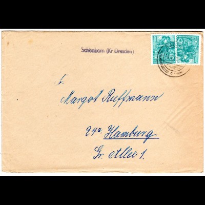DDR 1960, L1 Landpoststempel SCHÖNBORN (Kr. Dresden) auf Brief m. 2x10 Pf. 