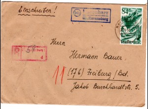 1948, Landpoststempel 14b ROSENHARZ üb. Ravensburg auf Reko Brief m. 84 Pf.