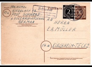 1947, Landpoststempel SCHWEND über Sulzbach-Rosenberg auf Ganzsache m. Zusatzfr.