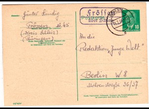 DDR 1956, Landpoststempel FRÖSSEN über Schleiz auf 10 Pf. Ganzsache.