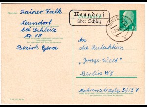 DDR 1962, Landpoststempel NEUNDORF über Schleiz auf 10 Pf. Ganzsache.