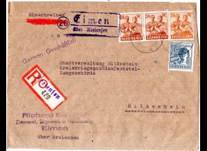 1947, Landpost Stpl. 20 EIMEN über Kreiensen auf Einschreiben Brief m. 4 Marken