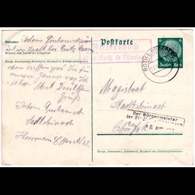 DR 1937, Landpoststempel RITTERSBACH über Roth (b. Nürnberg) auf 6 Pf. Ganzsache