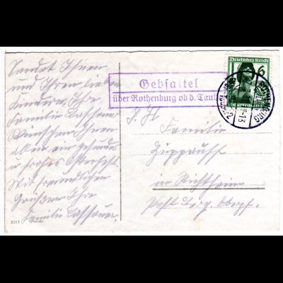 DR 1937, Landpoststempel GEBSATTEL über Rothenburg auf Karte m. 6 Pf. 