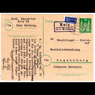 BRD 1950, Landpost Stpl. KULZ über Nabburg auf 10 Pf. Ganzsache.