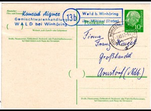 BRD 1957, Landpost Stpl. 13b WALD b. WINHÖRING über Mühldorf auf Karte m. 10 Pf.