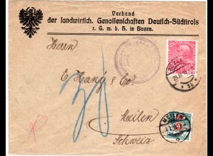 Österreich 1915, 10 H. auf Firmenbrief v. Bozen m. 10 C. Schweiz Portomarke.