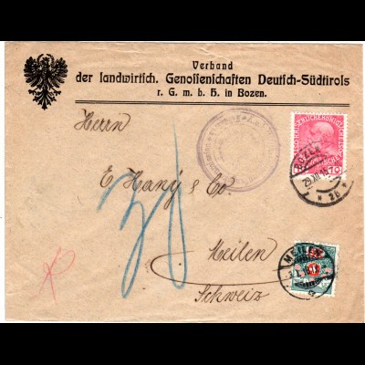 Österreich 1915, 10 H. auf Firmenbrief v. Bozen m. 10 C. Schweiz Portomarke.
