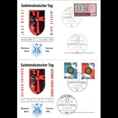 München, 2 Ereigniskarten m. Sonderstempeln Sudetendeutscher Tag 1966 u. 1967