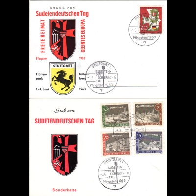 Stuttgart, 2 Ereigniskarten m. Sonderstempeln Sudetendeutscher Tag 1963 u. 1965