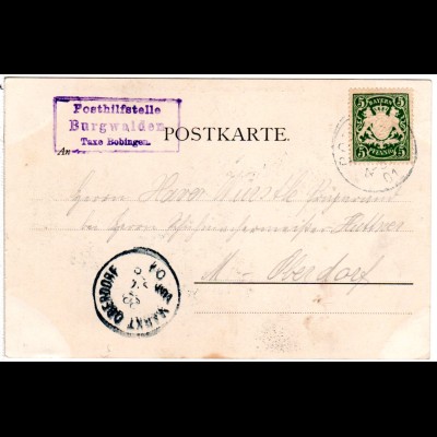 Bayern 1901, Posthilfstelle BURGWALDEN Taxe Bobingen auf Karte m. 5 Pf.