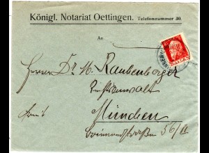 Bayern 1912, Reservestpl. OETTINGEN (SCHWABEN)1 R auf Brief m. 10 Pf.