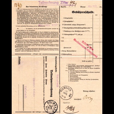 DR 1930, Postformular Telefongebühren m. 2 versch. Kulmbach Stempeln
